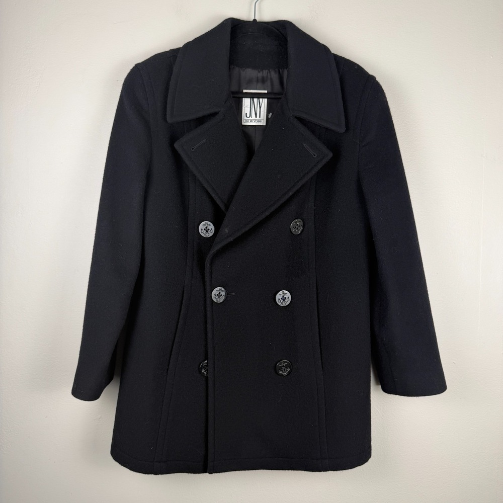 Jones New York Peacoat Womens L Black 100% Pure Wool Double Breasted Notch Lapel